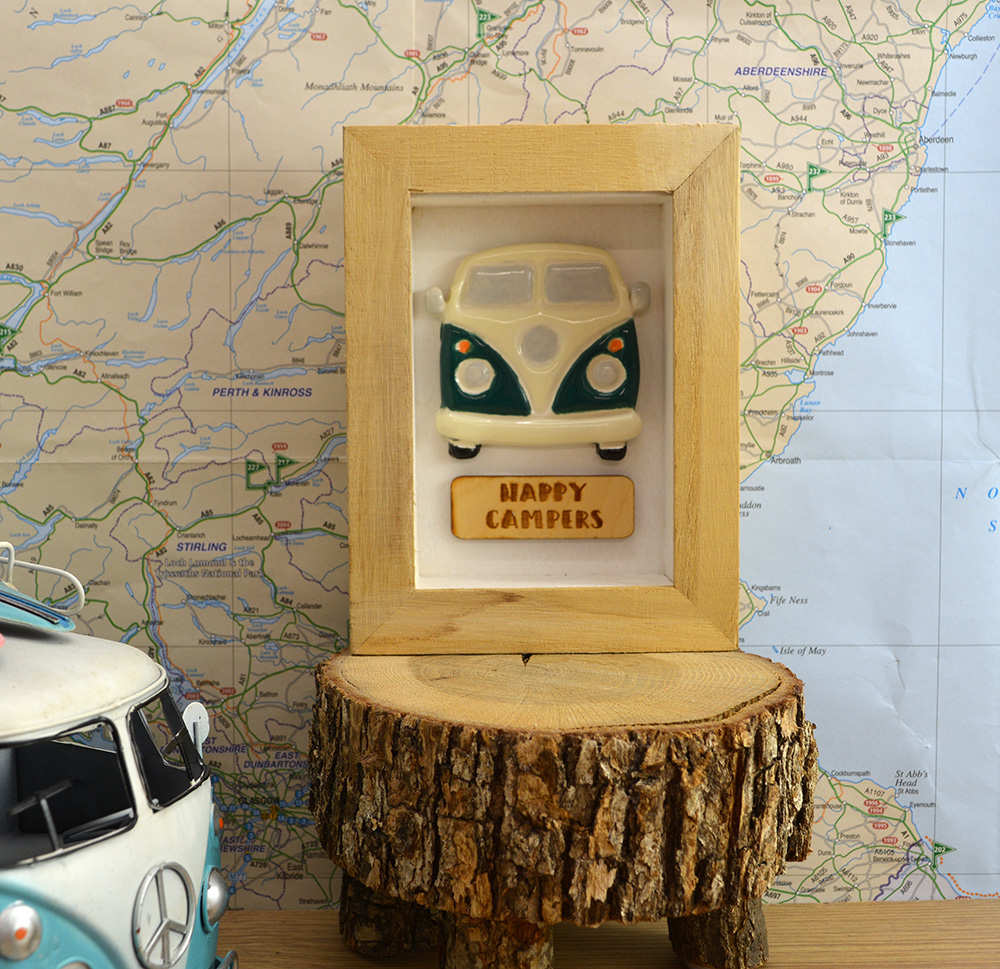 Framed Happy Campers Ceramic VW Campervan - Image 3