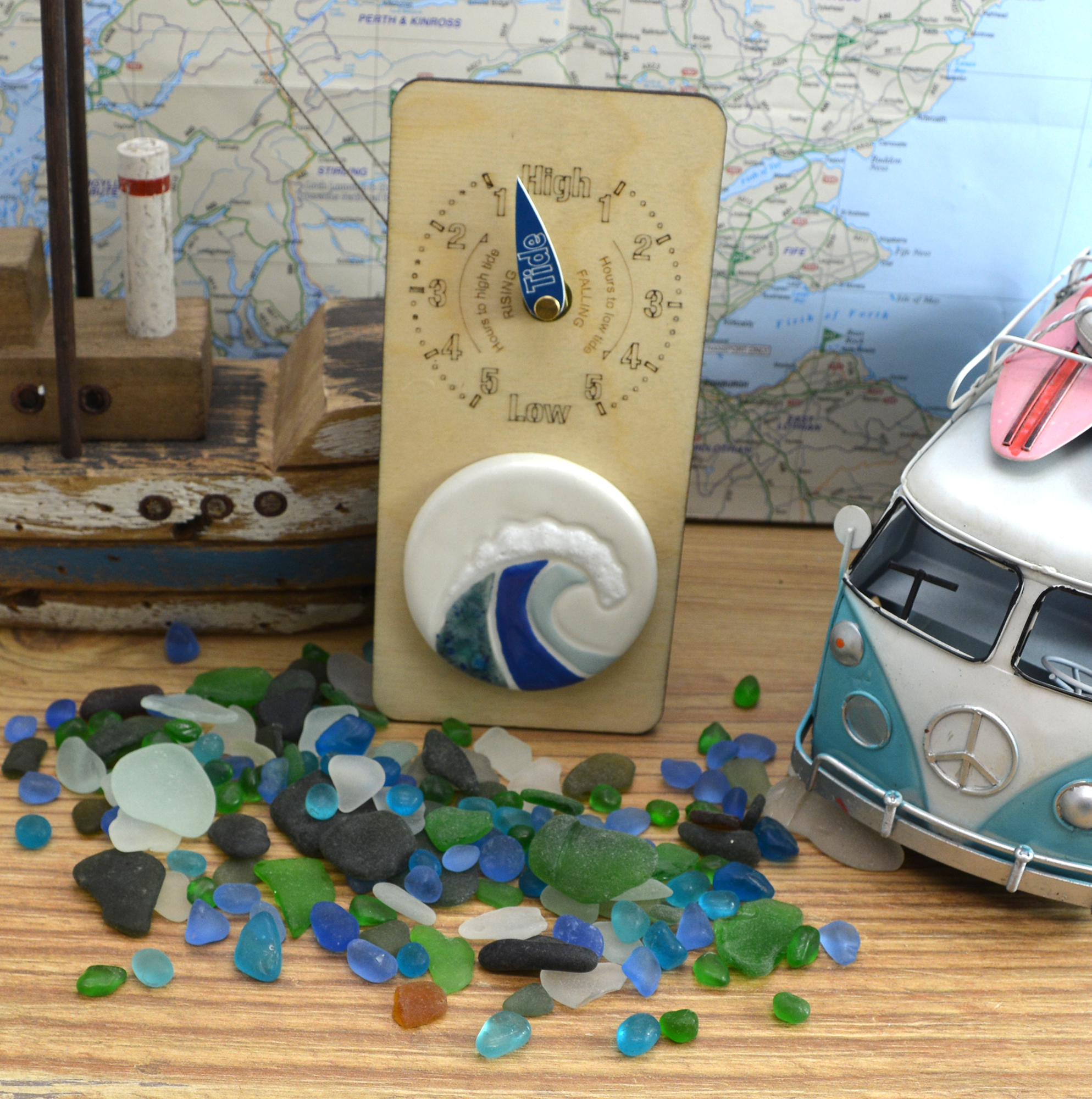 Handmade Wooden Hanging Tidal Clock With Unique Ceramic Wave Design