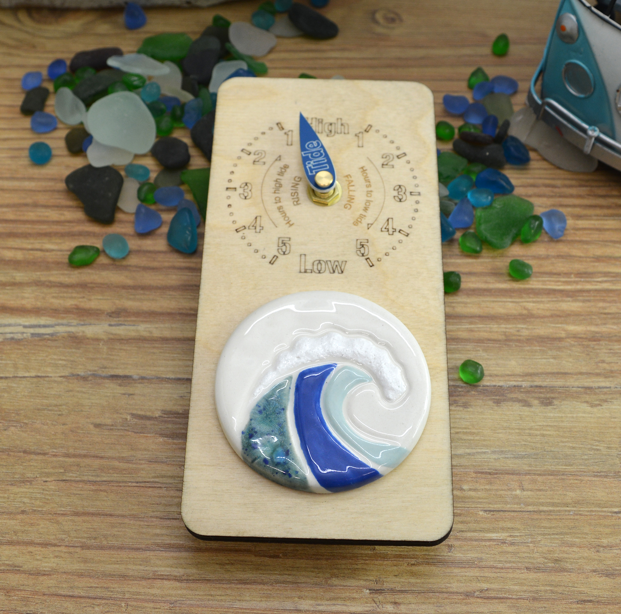 Handmade Wooden Hanging Tidal Clock With Unique Ceramic Wave Design - Image 2